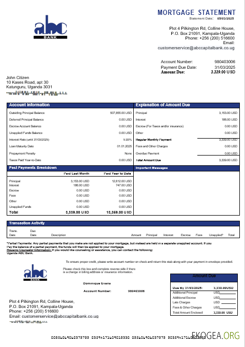 Relevé hypothécaire de la ABC Bank of Uganda de l'Ouganda aux formats Word et PDF